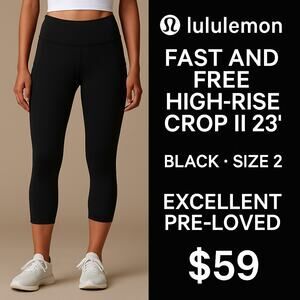 Lululemon Fast and Free High-Rise Crop II 23″ Black with Pockets, Size 2